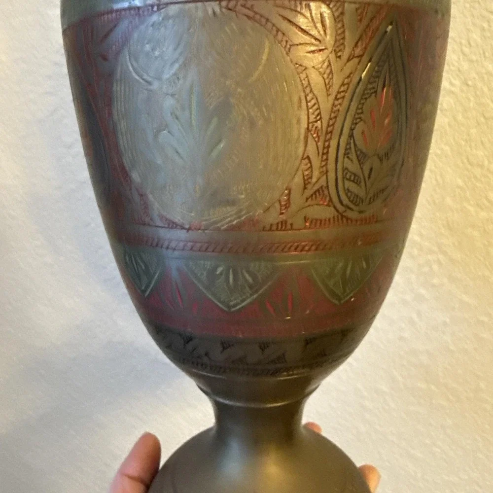 Vintage Solid Brass Vase Hand Etched Floral/Leaf Design 15.5